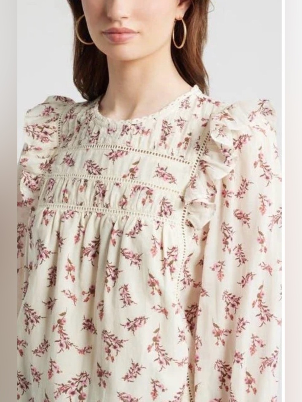 Treasure & Bond Blue Ladder Cutout Floral Ruffle Blouse Pink Botanical Print